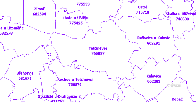 Katastrální mapa Tetčiněves - přehledová mapa katastrálního území