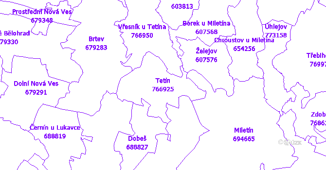 Katastrální mapa Tetín - přehledová mapa katastrálního území