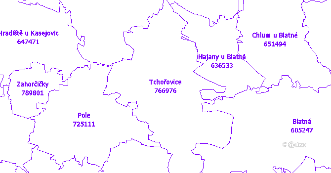 Katastrální mapa Tchořovice - přehledová mapa katastrálního území