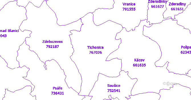 Katastrální mapa Tichonice - přehledová mapa katastrálního území