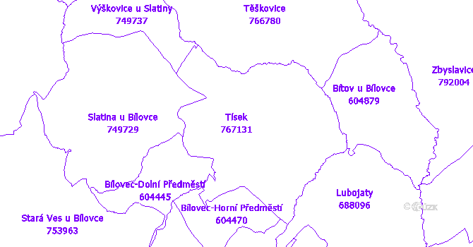 Katastrální mapa Tísek - přehledová mapa katastrálního území