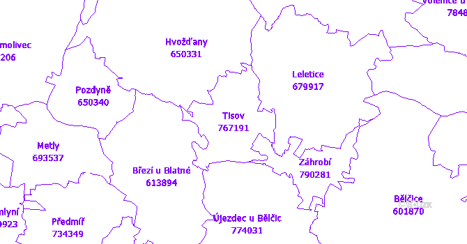 Katastrální mapa Tisov - přehledová mapa katastrálního území