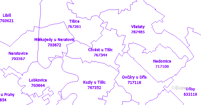 Katastrální mapa Chrást u Tišic - přehledová mapa katastrálního území
