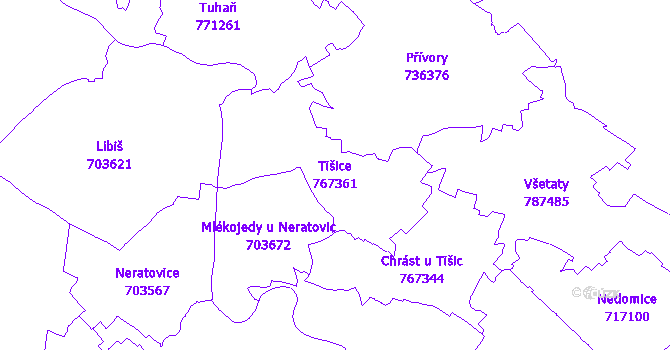 Katastrální mapa Tišice - přehledová mapa katastrálního území