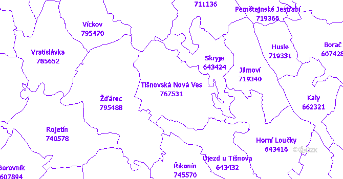 Katastrální mapa Tišnovská Nová Ves - přehledová mapa katastrálního území