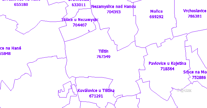 Katastrální mapa Tištín - přehledová mapa katastrálního území