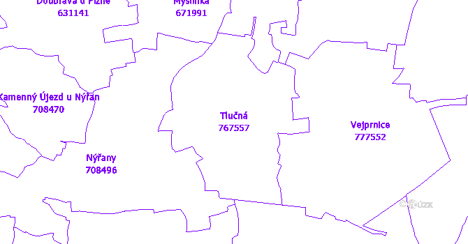 Katastrální mapa Tlučná - přehledová mapa katastrálního území