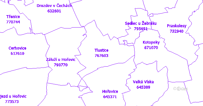 Katastrální mapa Tlustice - přehledová mapa katastrálního území