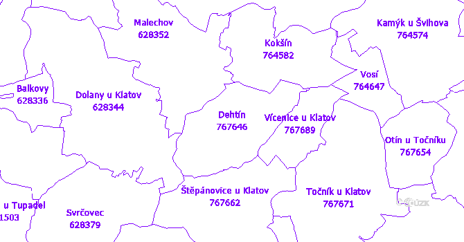 Katastrální mapa Dehtín - přehledová mapa katastrálního území