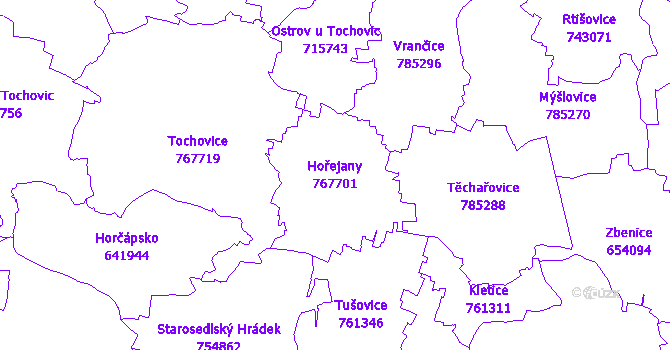 Katastrální mapa Hořejany - přehledová mapa katastrálního území