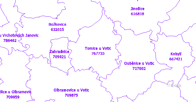 Katastrální mapa Tomice u Votic - přehledová mapa katastrálního území