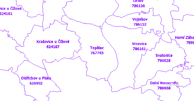 Katastrální mapa Topělec - přehledová mapa katastrálního území