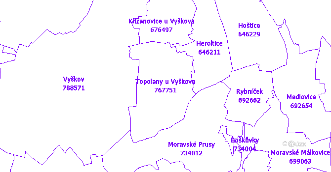 Katastrální mapa Topolany u Vyškova - přehledová mapa katastrálního území