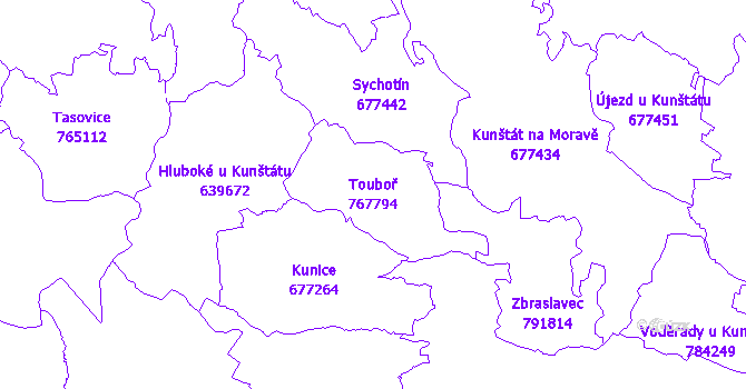 Katastrální mapa Touboř - přehledová mapa katastrálního území
