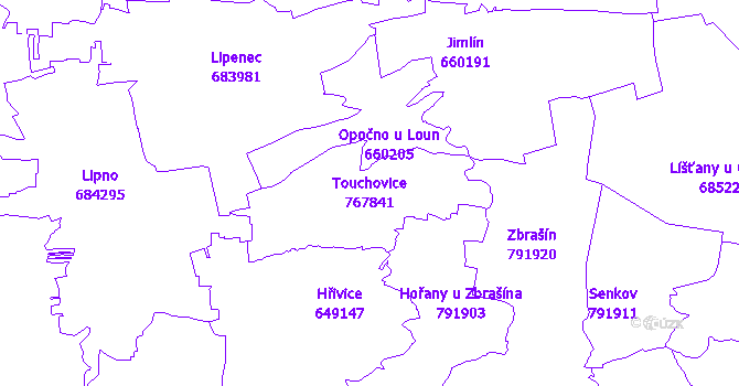 Katastrální mapa Touchovice - přehledová mapa katastrálního území