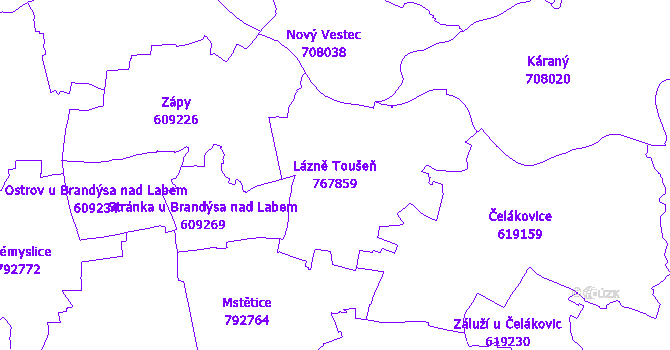 Katastrální mapa Lázně Toušeň - přehledová mapa katastrálního území