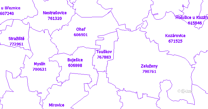 Katastrální mapa Touškov - přehledová mapa katastrálního území