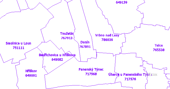 Katastrální mapa Donín - přehledová mapa katastrálního území