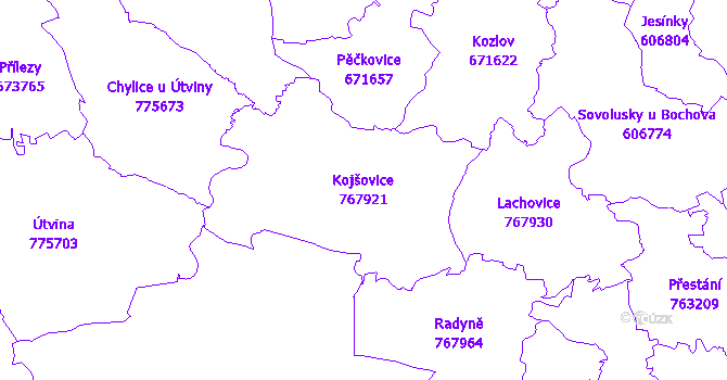 Katastrální mapa Kojšovice - přehledová mapa katastrálního území