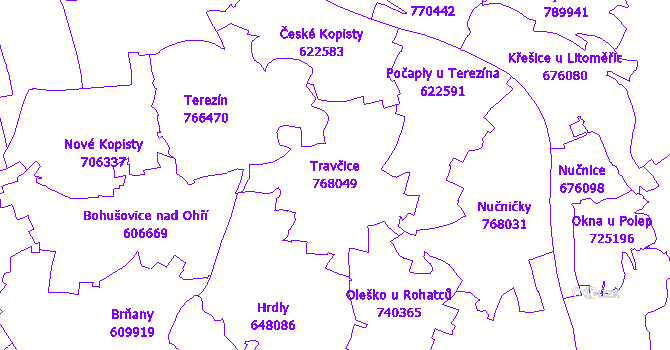 Katastrální mapa Travčice - přehledová mapa katastrálního území