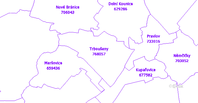Katastrální mapa Trboušany - přehledová mapa katastrálního území