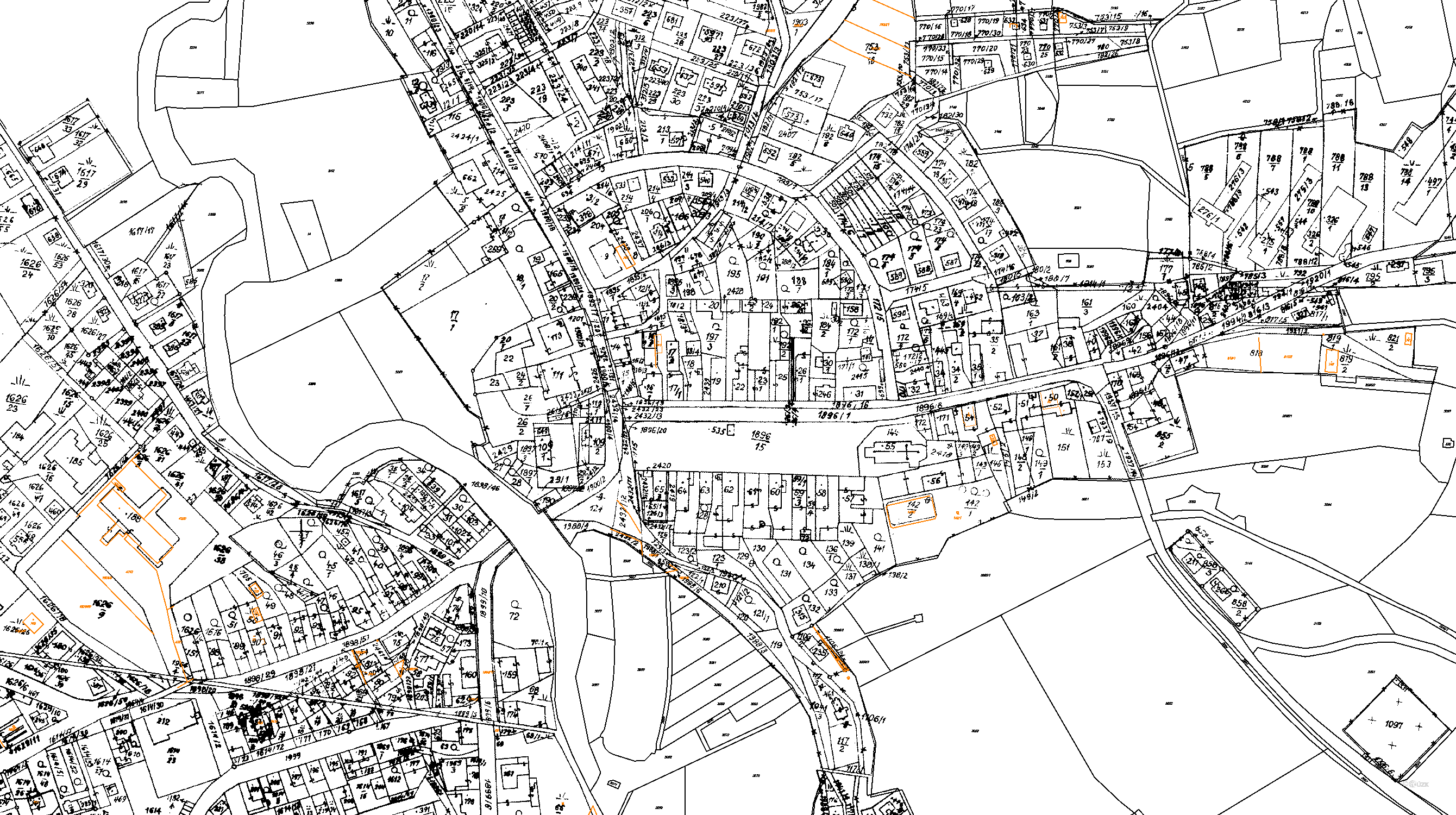 Katastrální mapa pozemků a čísla parcel Trhová Kamenice
