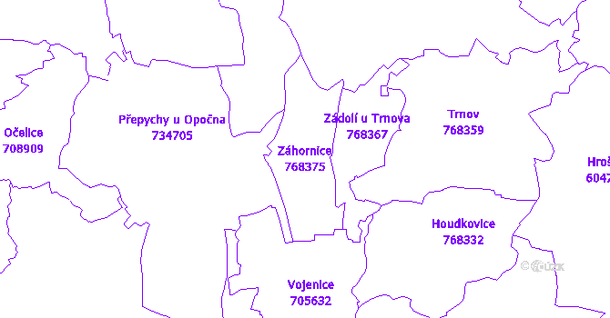 Katastrální mapa Záhornice - přehledová mapa katastrálního území
