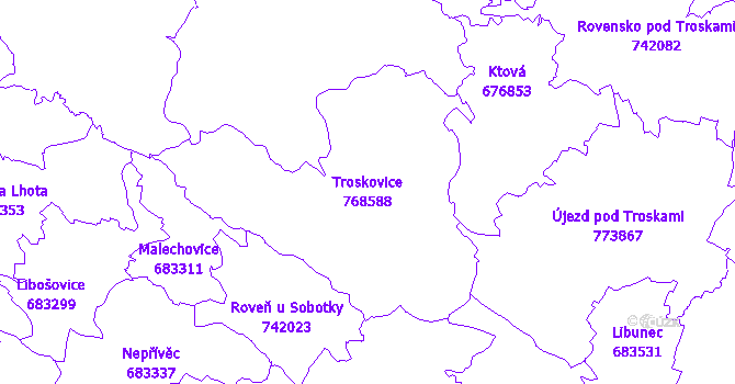 Katastrální mapa Troskovice - přehledová mapa katastrálního území