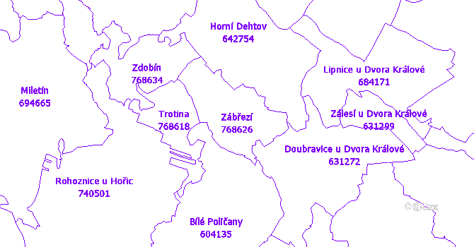 Katastrální mapa Zábřezí - přehledová mapa katastrálního území
