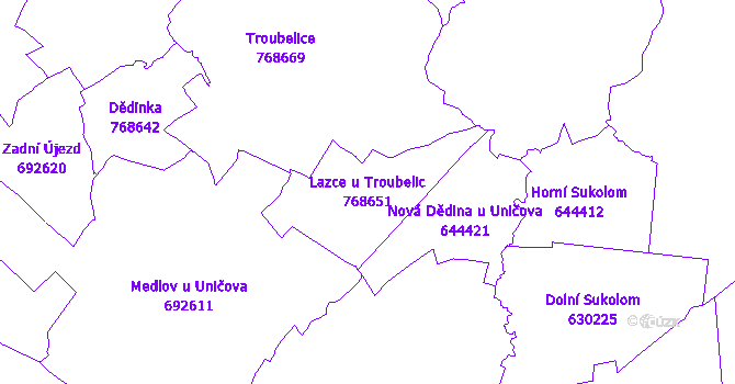 Katastrální mapa Lazce u Troubelic - přehledová mapa katastrálního území