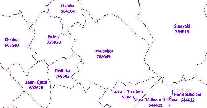 Katastrální mapa Troubelice - přehledová mapa katastrálního území