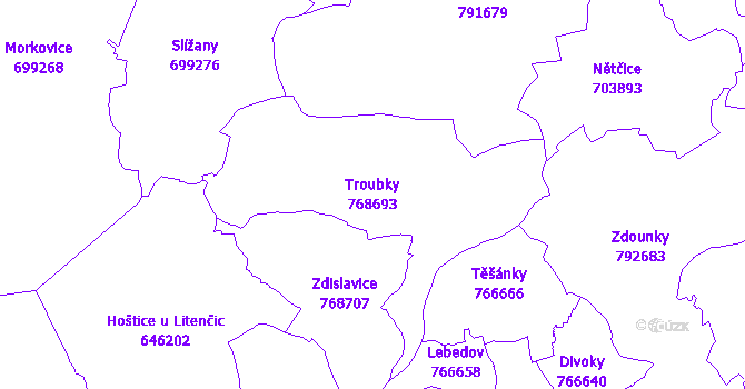 Katastrální mapa Troubky - přehledová mapa katastrálního území