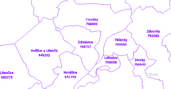 Katastrální mapa Zdislavice - přehledová mapa katastrálního území