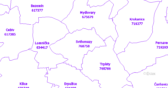 Katastrální mapa Sviňomazy - přehledová mapa katastrálního území