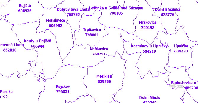 Katastrální mapa Koňkovice - přehledová mapa katastrálního území