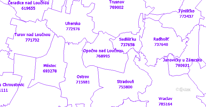 Katastrální mapa Opočno nad Loučnou - přehledová mapa katastrálního území