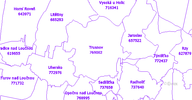 Katastrální mapa Trusnov - přehledová mapa katastrálního území