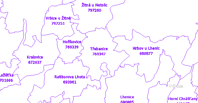 Katastrální mapa Třebanice - přehledová mapa katastrálního území