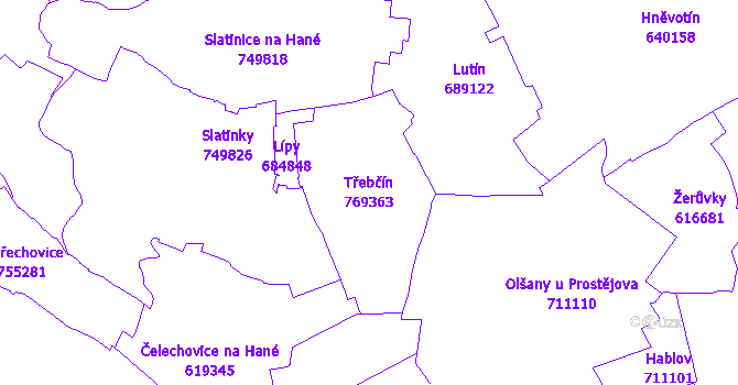 Katastrální mapa Třebčín - přehledová mapa katastrálního území