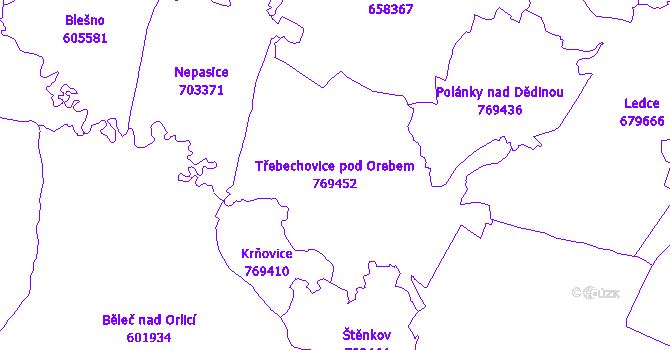 Katastrální mapa Třebechovice pod Orebem - přehledová mapa katastrálního území