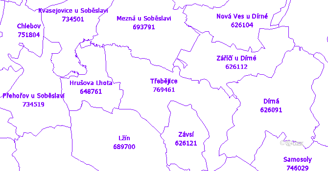 Katastrální mapa Třebějice - přehledová mapa katastrálního území