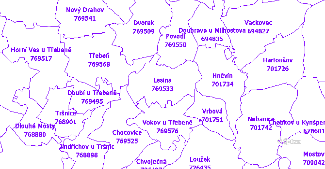 Katastrální mapa Lesina - přehledová mapa katastrálního území