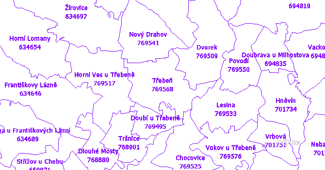 Katastrální mapa Třebeň - přehledová mapa katastrálního území