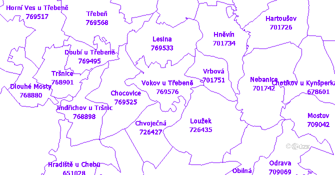 Katastrální mapa Vokov u Třebeně - přehledová mapa katastrálního území