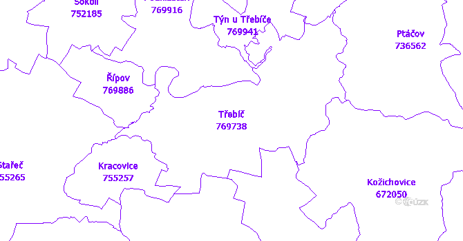 Katastrální mapa Třebíč - přehledová mapa katastrálního území