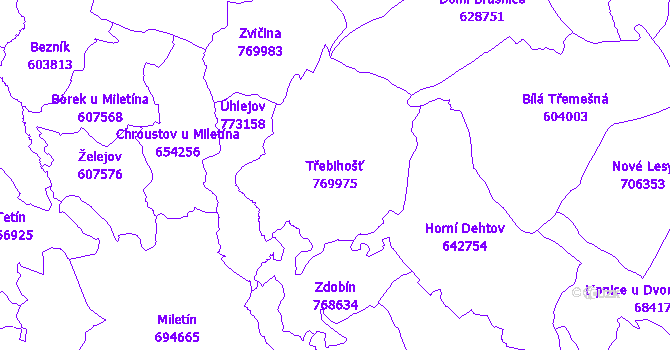 Katastrální mapa Třebihošť - přehledová mapa katastrálního území