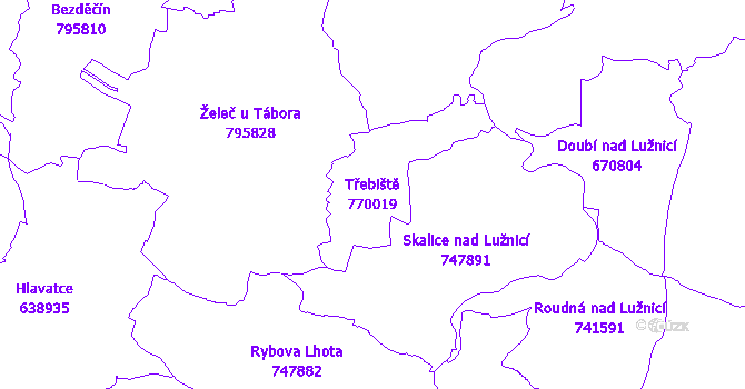 Katastrální mapa Třebiště - přehledová mapa katastrálního území