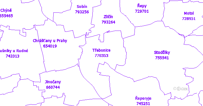 Katastrální mapa Třebonice - přehledová mapa katastrálního území