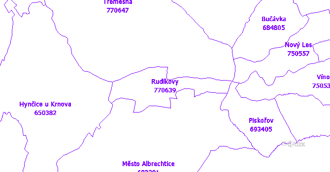 Katastrální mapa Rudíkovy - přehledová mapa katastrálního území