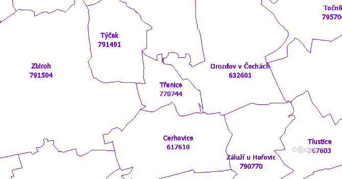 Katastrální mapa Třenice - přehledová mapa katastrálního území